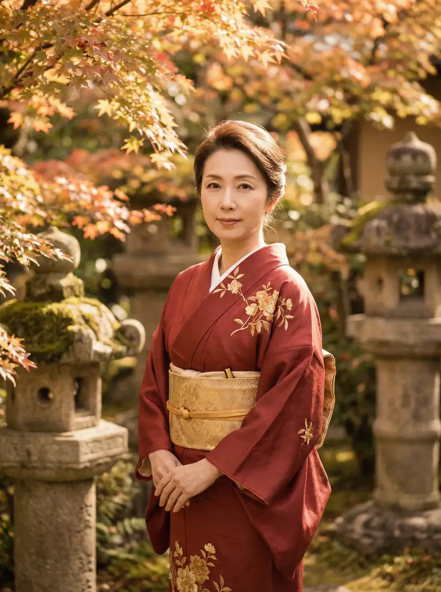 一位身穿暗红色和服的优雅 好色tv 在日式庭院中